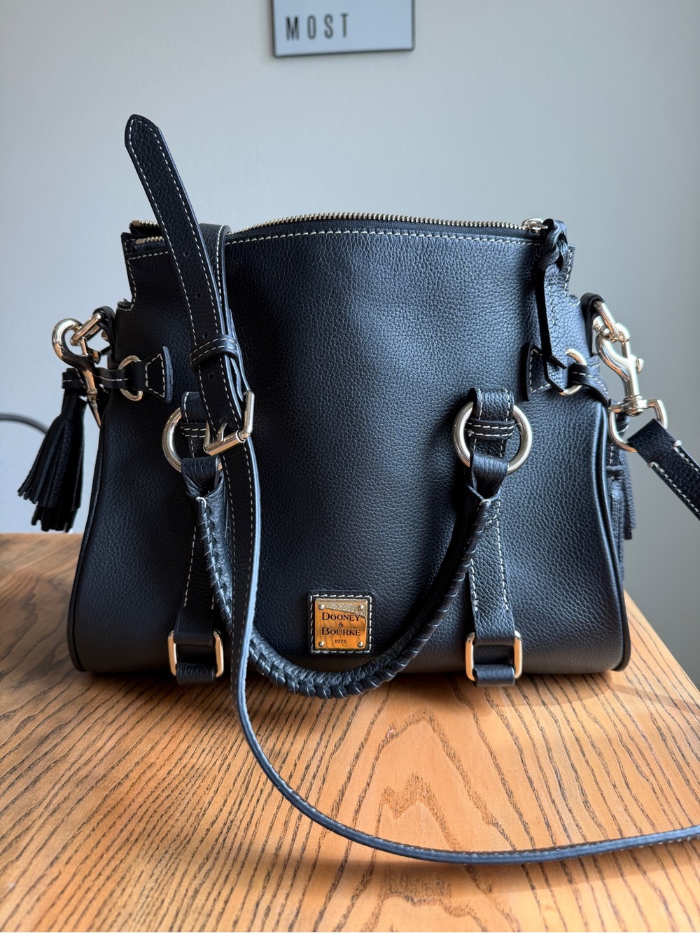 Dooney & Bourke Black Pebbled Leather Convertible Satchel with Gold Hardware